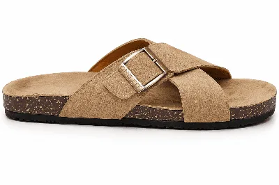 ONF-SLP-126 | Men's Buckle Cross-Strap Comfort Slippers Beige - ONE FIT