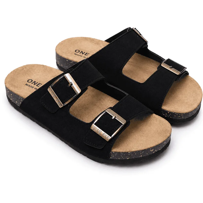 ONF-SLP-276 | Women's Double-Buckle Comfort Slippers Black - ONE FIT