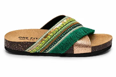 ONF-SLP-262 | Women's Embellished Comfort Slide Sandals Emerald Green - ONE FIT