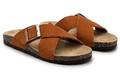 ONF-SLP-126 | Men's Buckle Cross-Strap Comfort Slippers Havana - ONE FIT