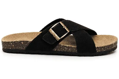 ONF-SLP-126 | Men's Buckle Cross-Strap Comfort Slippers Black - ONE FIT