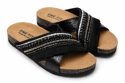 ONF-SLP-262 | Women's Embellished Comfort Slide Sandals Black - ONE FIT