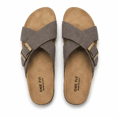 ONF-SLP-126 | Men's Buckle Cross-Strap Comfort Slippers Grey - ONE FIT