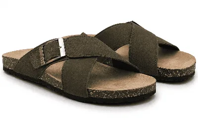 ONF-SLP-126 | Men's Buckle Cross-Strap Comfort Slippers Olive - ONE FIT