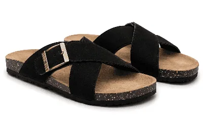 ONF-SLP-126 | Men's Buckle Cross-Strap Comfort Slippers Black - ONE FIT