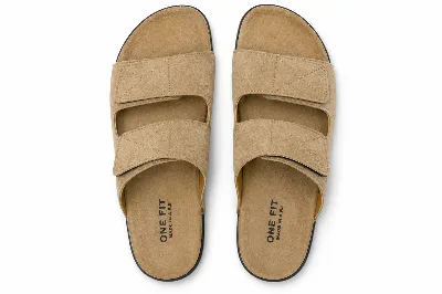 ONF-SLP-117 | Men's Stitched Double-Strap Comfort Slippers Beige - ONE FIT