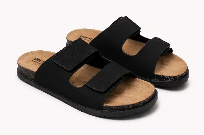 ONF-SLP-117 | Men's Stitched Double-Strap Comfort Slippers Black - ONE FIT