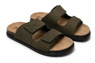 ONF-SLP-117 | Men's Stitched Double-Strap Comfort Slippers Olive - ONE FIT