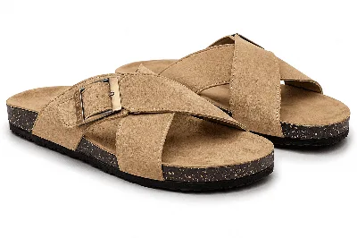 ONF-SLP-126 | Men's Buckle Cross-Strap Comfort Slippers Beige - ONE FIT