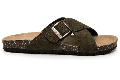 ONF-SLP-126 | Men's Buckle Cross-Strap Comfort Slippers Olive - ONE FIT