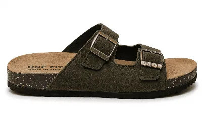 ONF-SLP-276 | Women's Double-Buckle Comfort Slippers Olive - ONE FIT