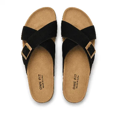 ONF-SLP-126 | Men's Buckle Cross-Strap Comfort Slippers Black - ONE FIT