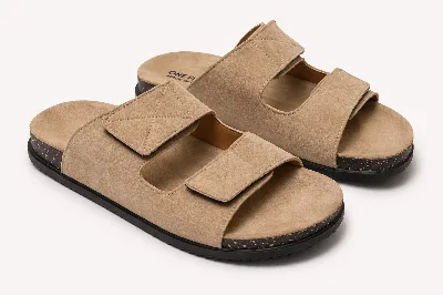 ONF-SLP-117 | Men's Stitched Double-Strap Comfort Slippers Beige - ONE FIT