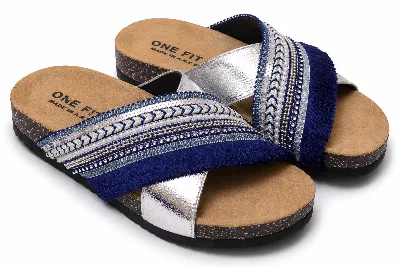 ONF-SLP-262 | Women's Embellished Comfort Slide Sandals Royal Blue - ONE FIT