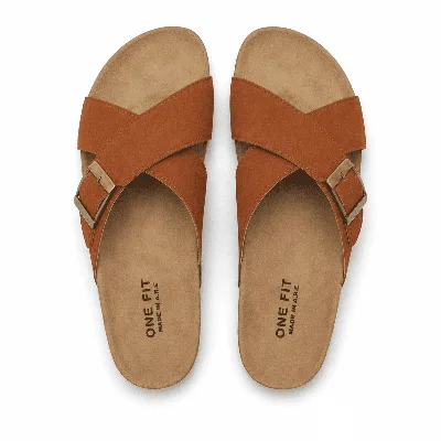 ONF-SLP-126 | Men's Buckle Cross-Strap Comfort Slippers Havana - ONE FIT