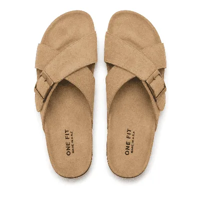 ONF-SLP-126 | Men's Buckle Cross-Strap Comfort Slippers Beige - ONE FIT