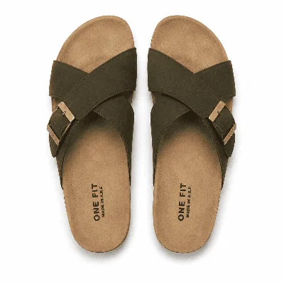 ONF-SLP-126 | Men's Buckle Cross-Strap Comfort Slippers Olive - ONE FIT